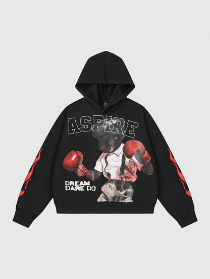 Men Street Life Boxer Character Loose Cropped Hoodie