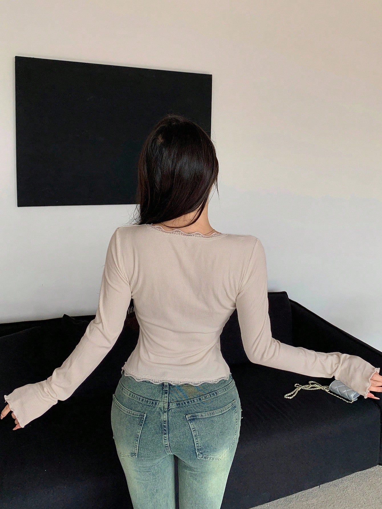 Women's Patches Lace Ribbed Long Sleeve T-Shirt