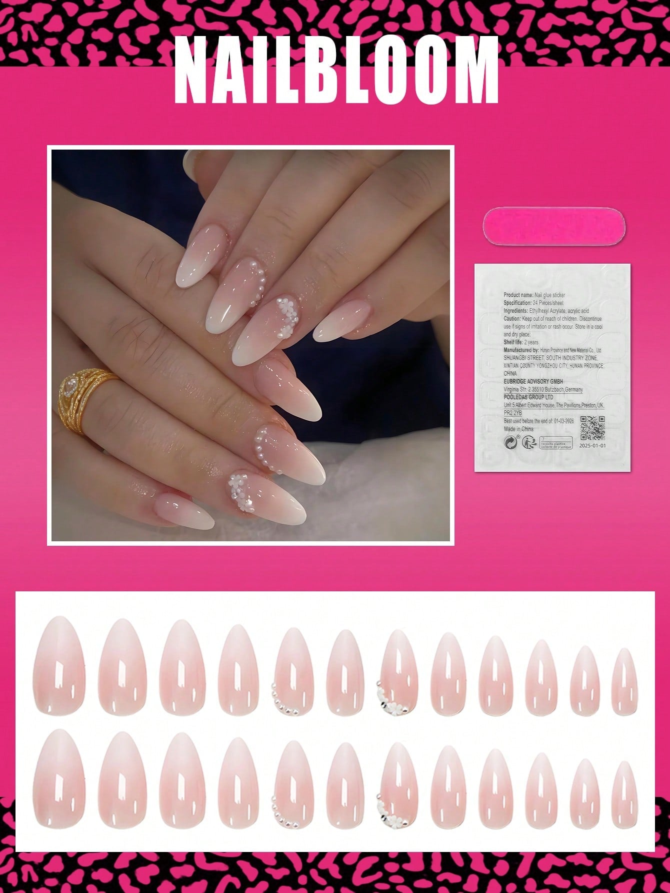 24pcs Summer Flower & Pearl Ombre French Almond Nails