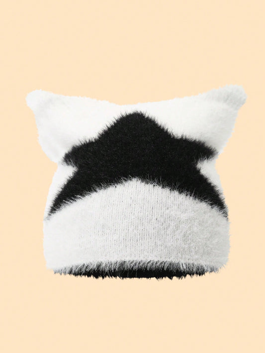 Cat Ear Pentagram Embroidery Fluffy Knitted Beanie