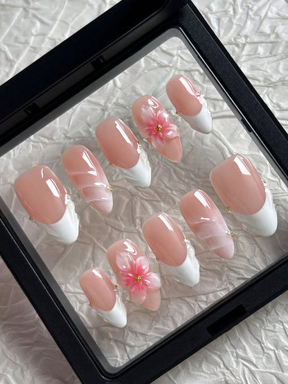 Handmade 3D Floral & Wave White French Almond Nails