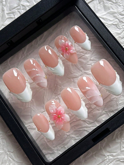 Handmade 3D Floral & Wave White French Almond Nails