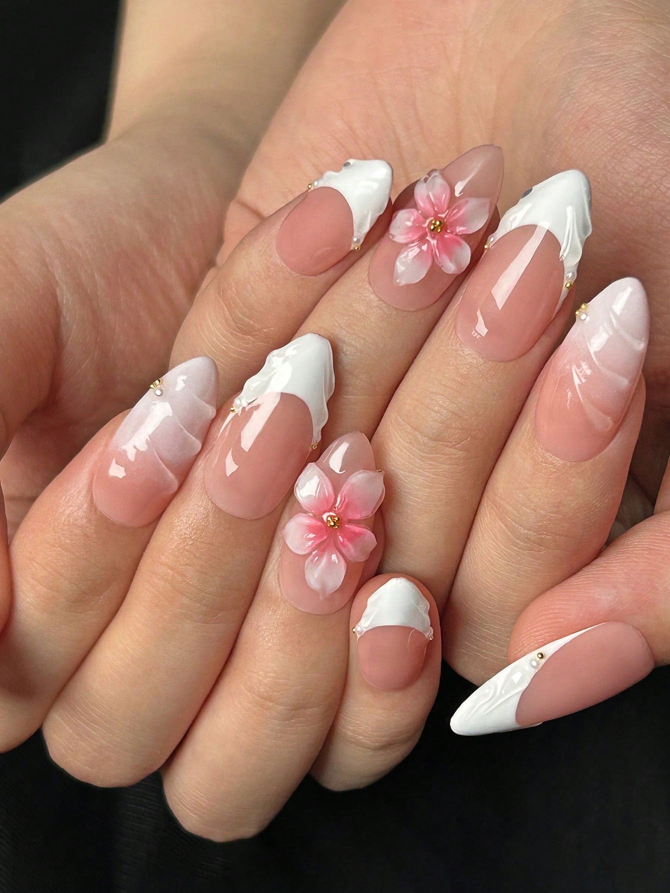 Handmade 3D Floral & Wave White French Almond Nails