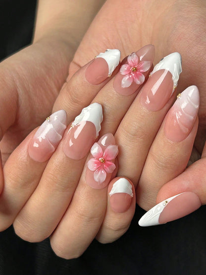 Handmade 3D Floral & Wave White French Almond Nails