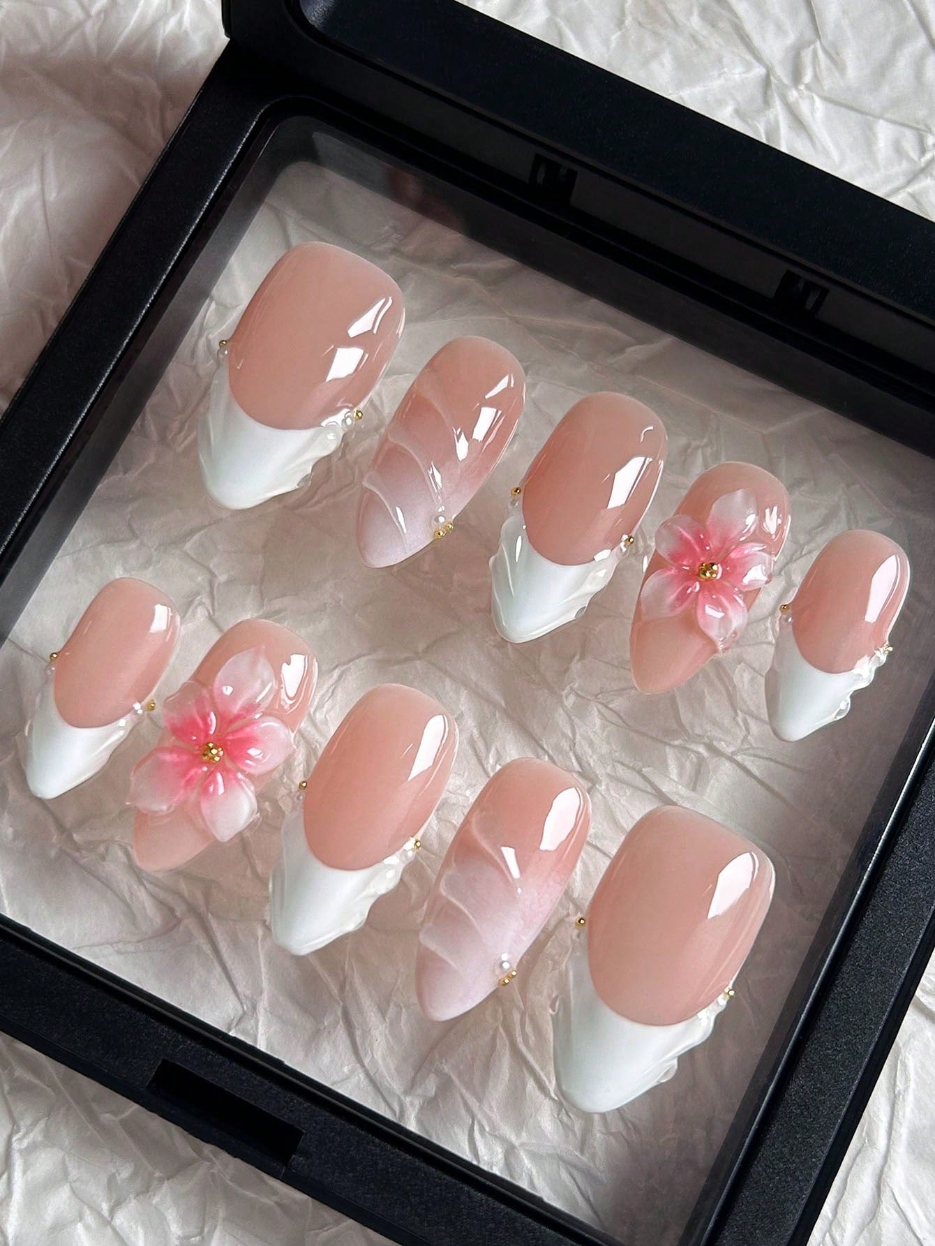 Handmade 3D Floral & Wave White French Almond Nails