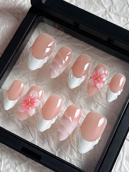 Handmade 3D Floral & Wave White French Almond Nails