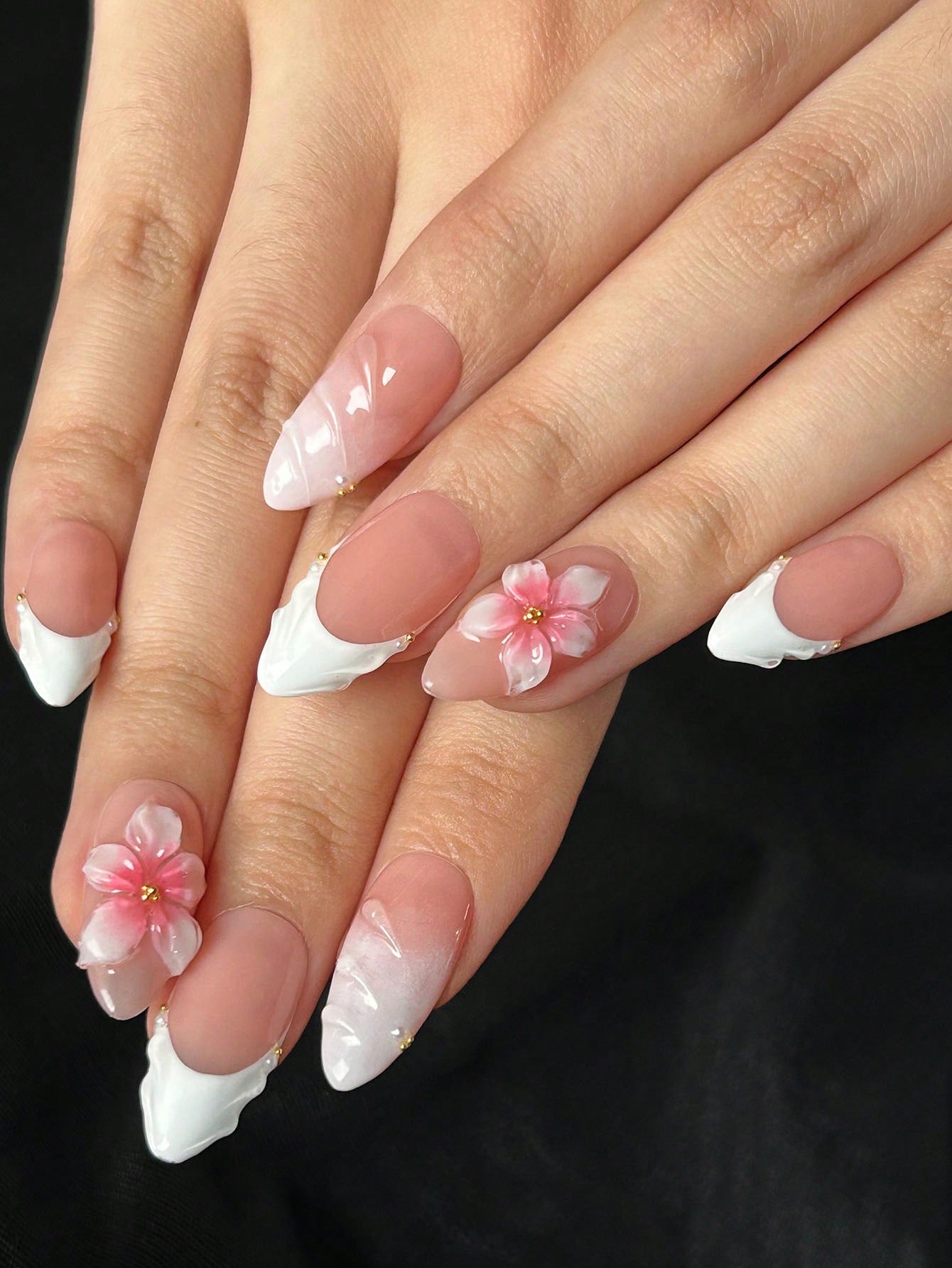 Handmade 3D Floral & Wave White French Almond Nails