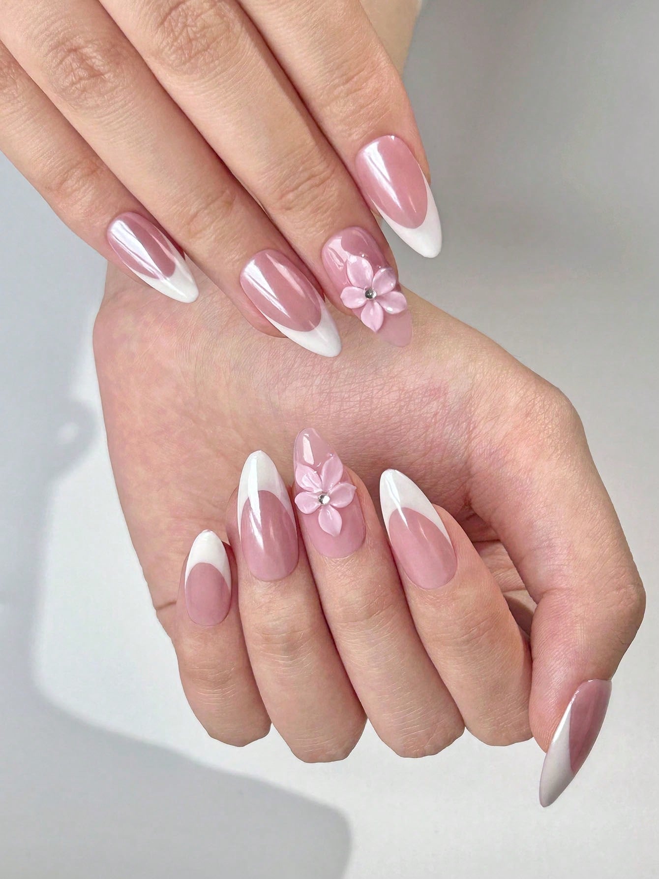 3D Floral Almond French Manicure Press-On Nails
