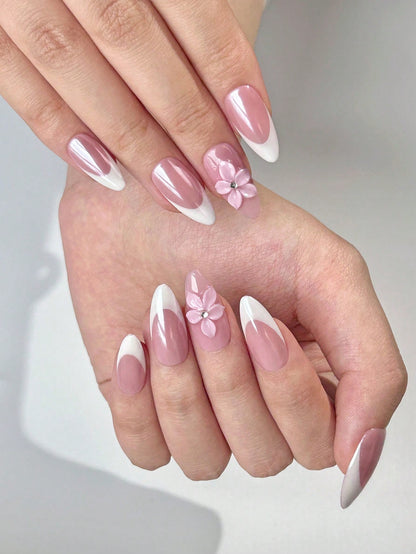 3D Floral Almond French Manicure Press-On Nails