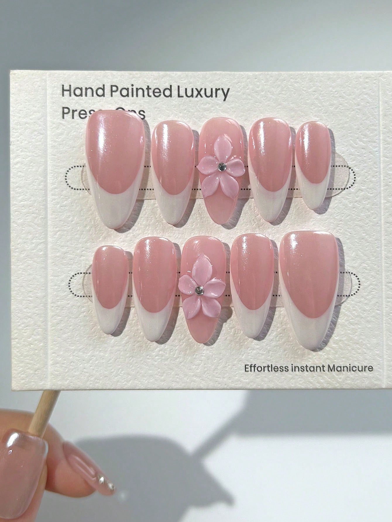 3D Floral Almond French Manicure Press-On Nails