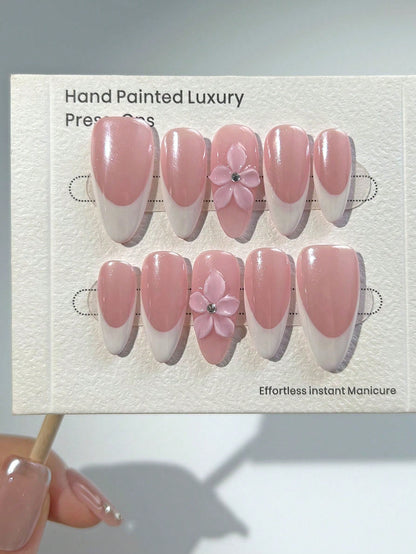 3D Floral Almond French Manicure Press-On Nails