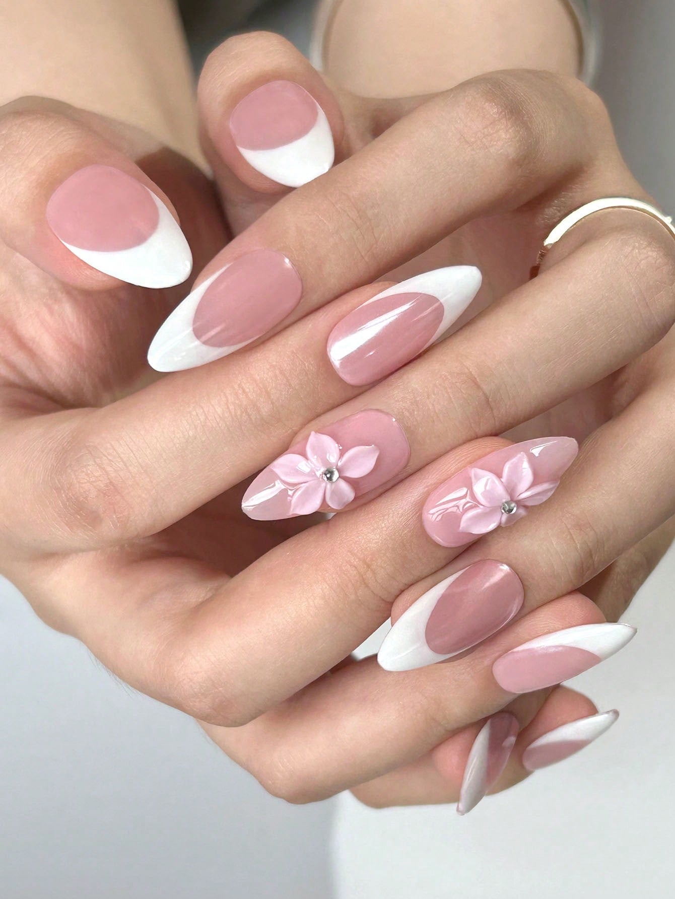 3D Floral Almond French Manicure Press-On Nails