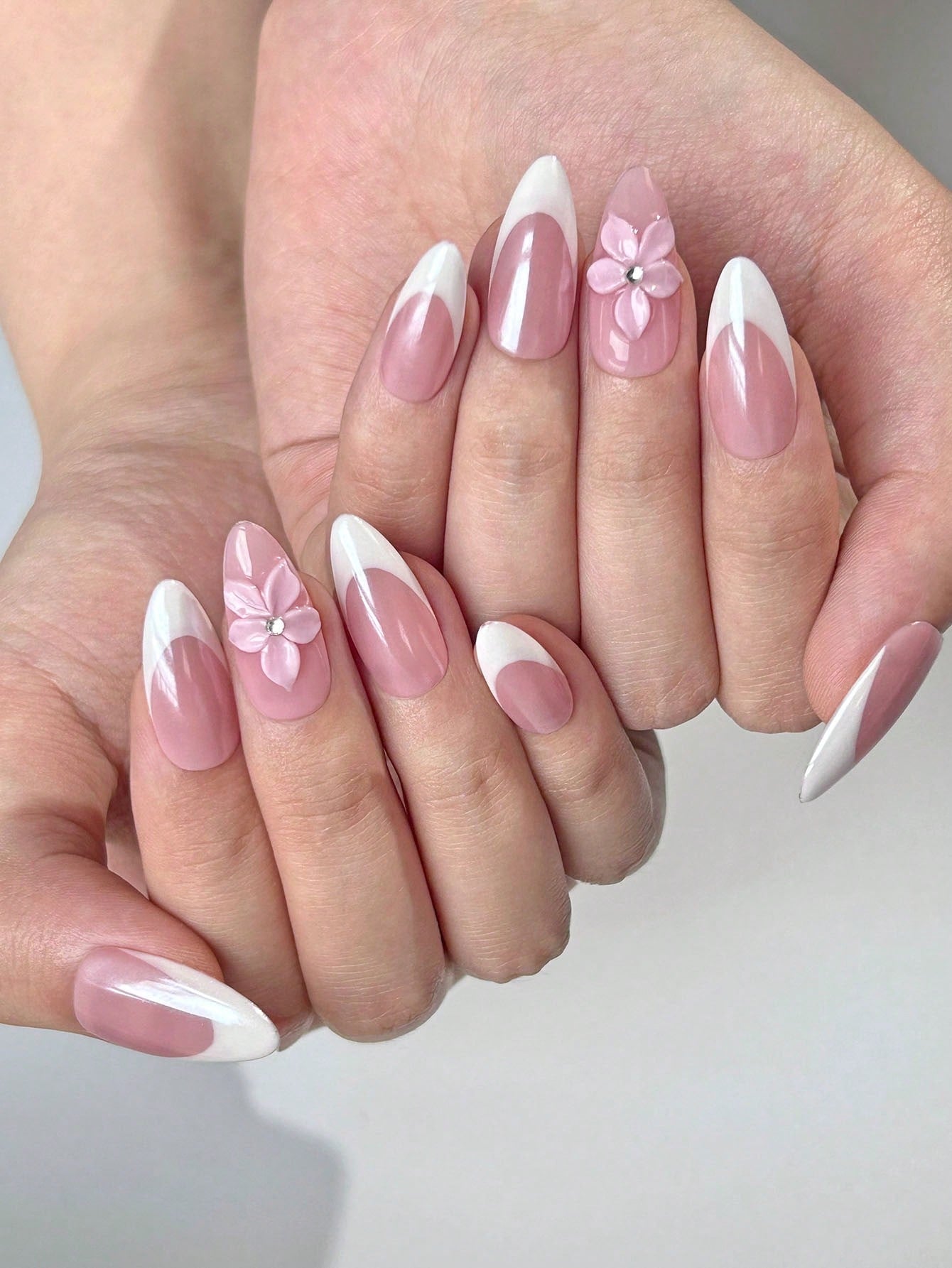 3D Floral Almond French Manicure Press-On Nails
