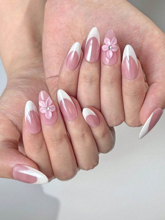 3D Floral Almond French Manicure Press-On Nails
