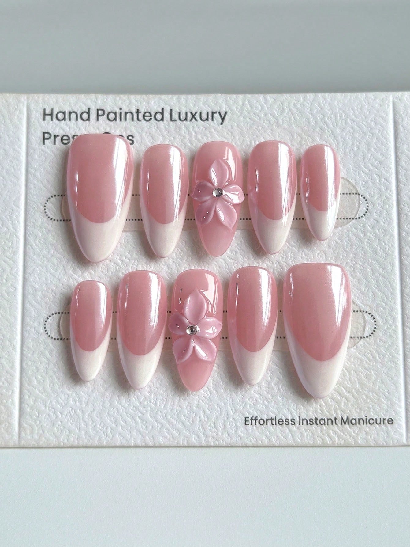 3D Floral Almond French Manicure Press-On Nails