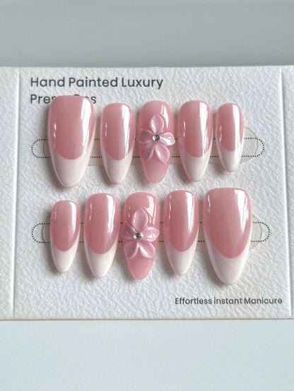 3D Floral Almond French Manicure Press-On Nails
