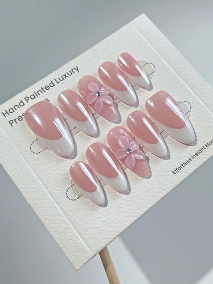 3D Floral Almond French Manicure Press-On Nails