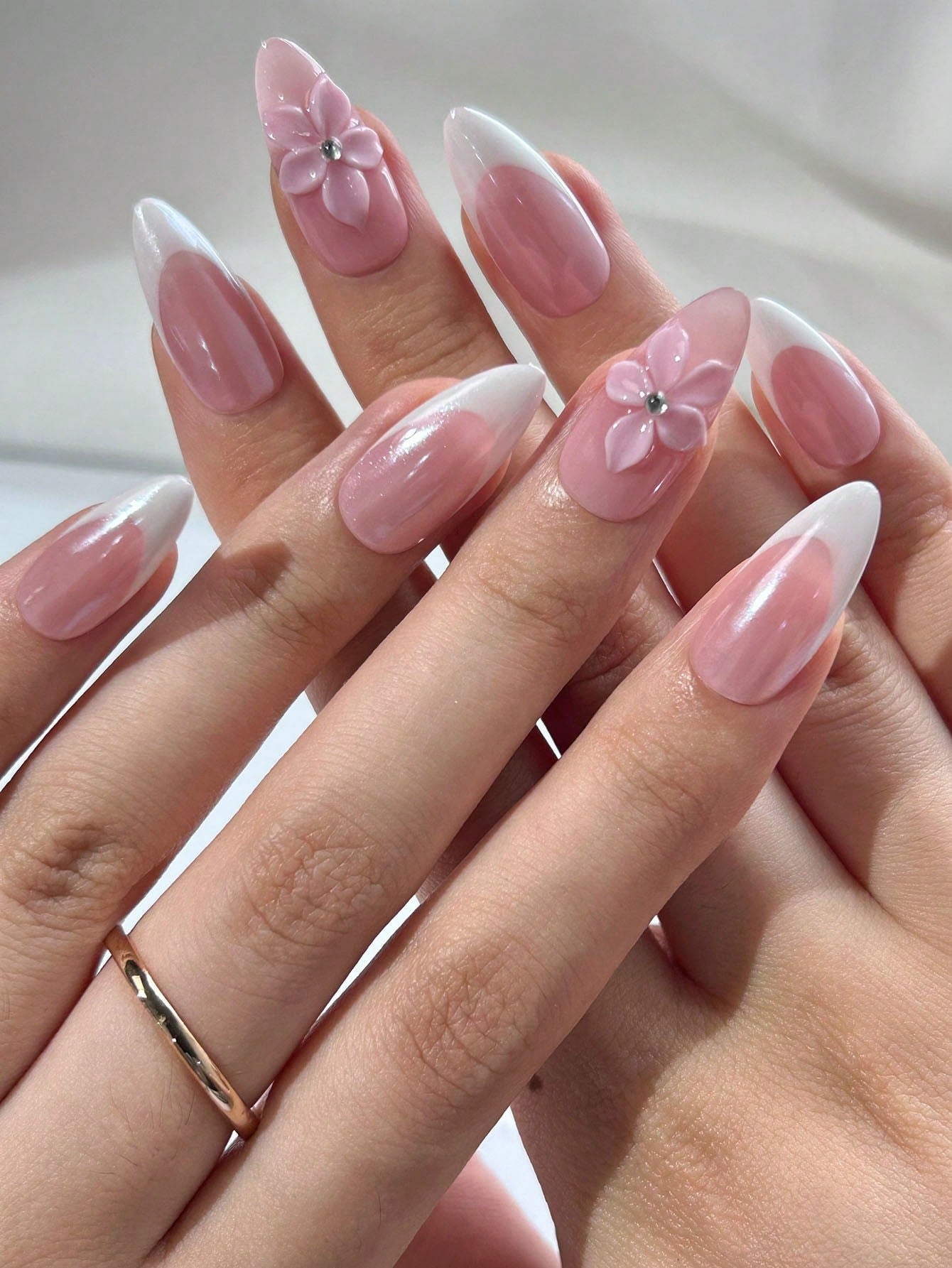 3D Floral Almond French Manicure Press-On Nails