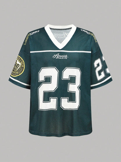 Tween Girls Dark Green Loose Fit Sporty V-Neck Jersey