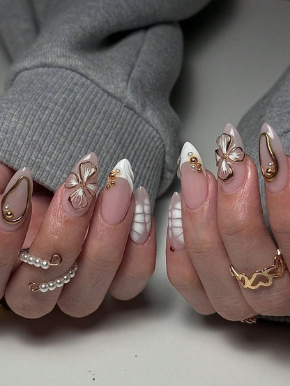 3D Gold Flower & Pearl White Tie-Dye Almond Nails 24pcs