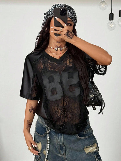 Unisex Black Oversized Knitted V-Neck Short Sleeve Top Jersey