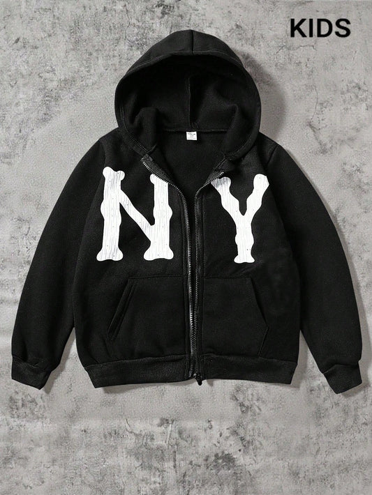 Tween Boys Casual Letter Pattern Zip Up Hoodie