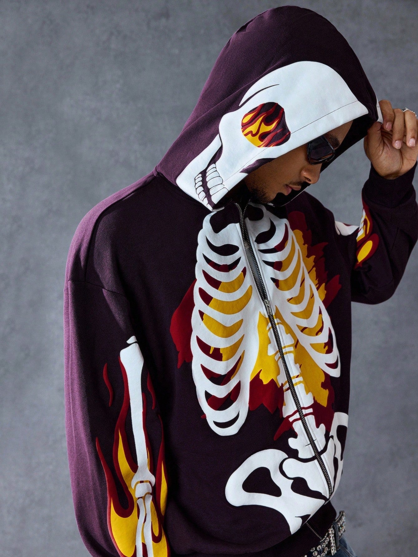 Men Anime Skeleton Print Zip Up Casual Hoodie