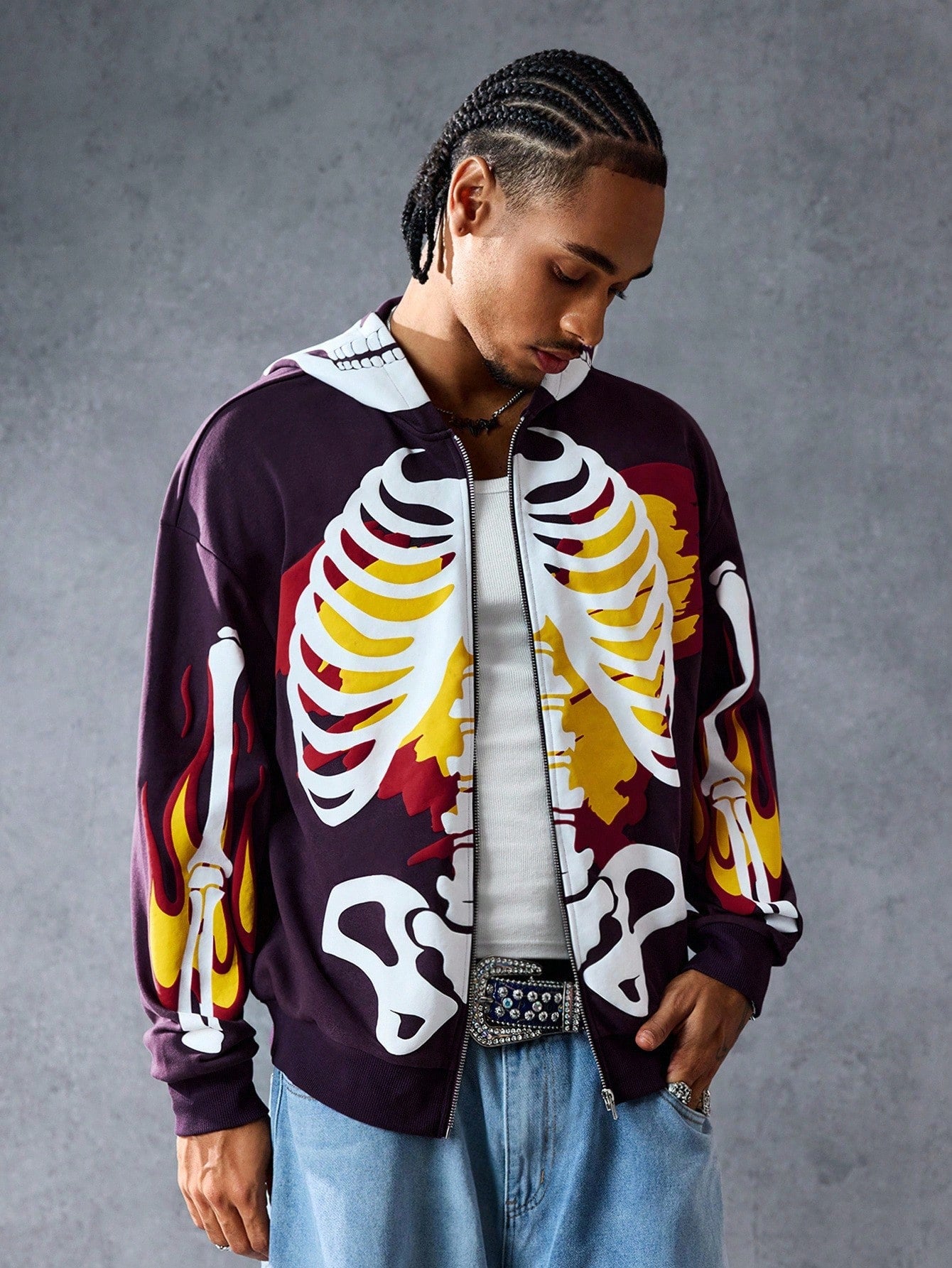 Men Anime Skeleton Print Zip Up Casual Hoodie