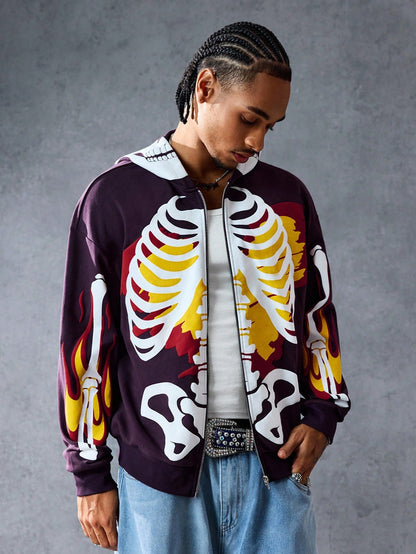 Men Anime Skeleton Print Zip Up Casual Hoodie