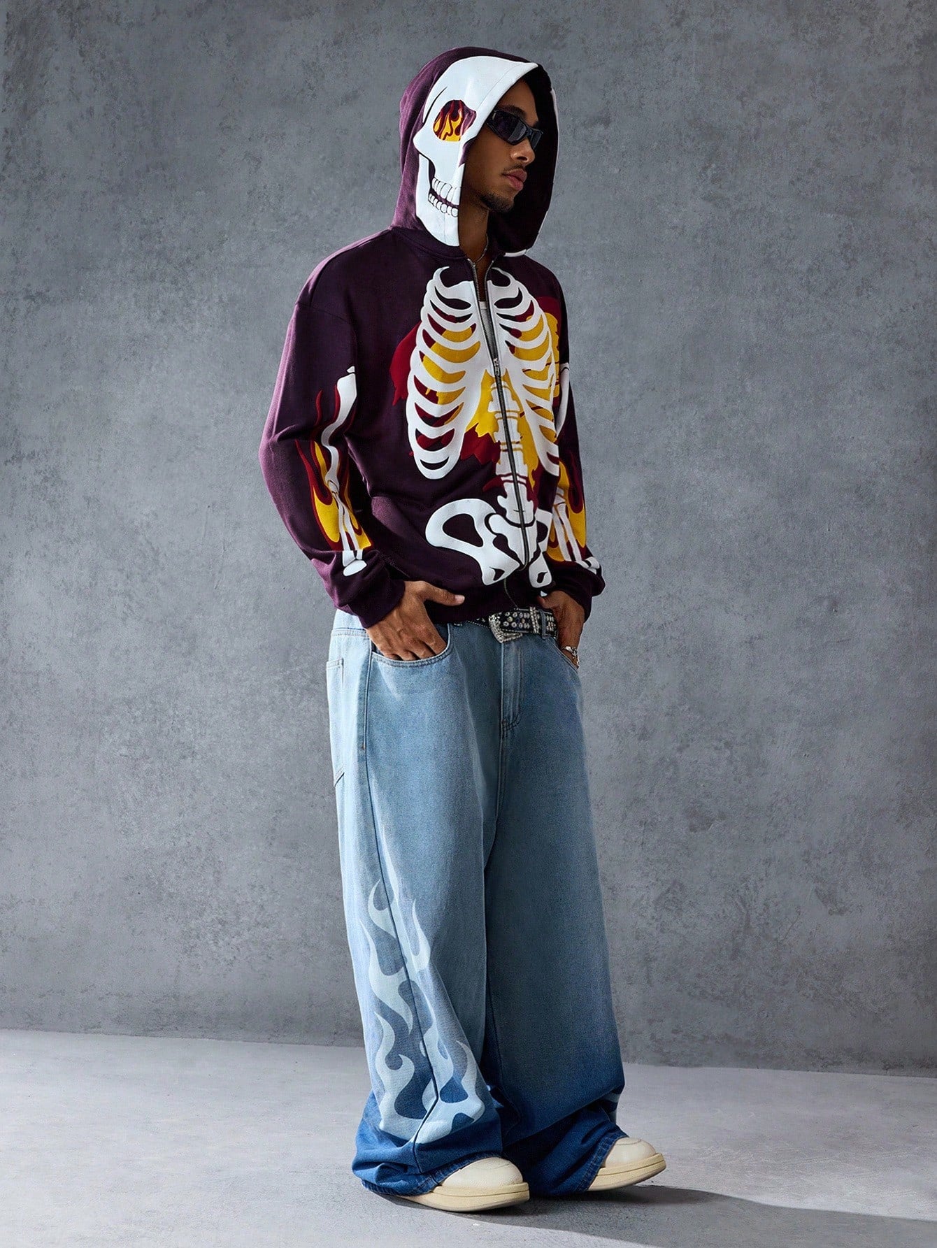 Men Anime Skeleton Print Zip Up Casual Hoodie