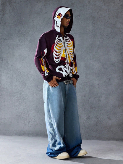 Men Anime Skeleton Print Zip Up Casual Hoodie