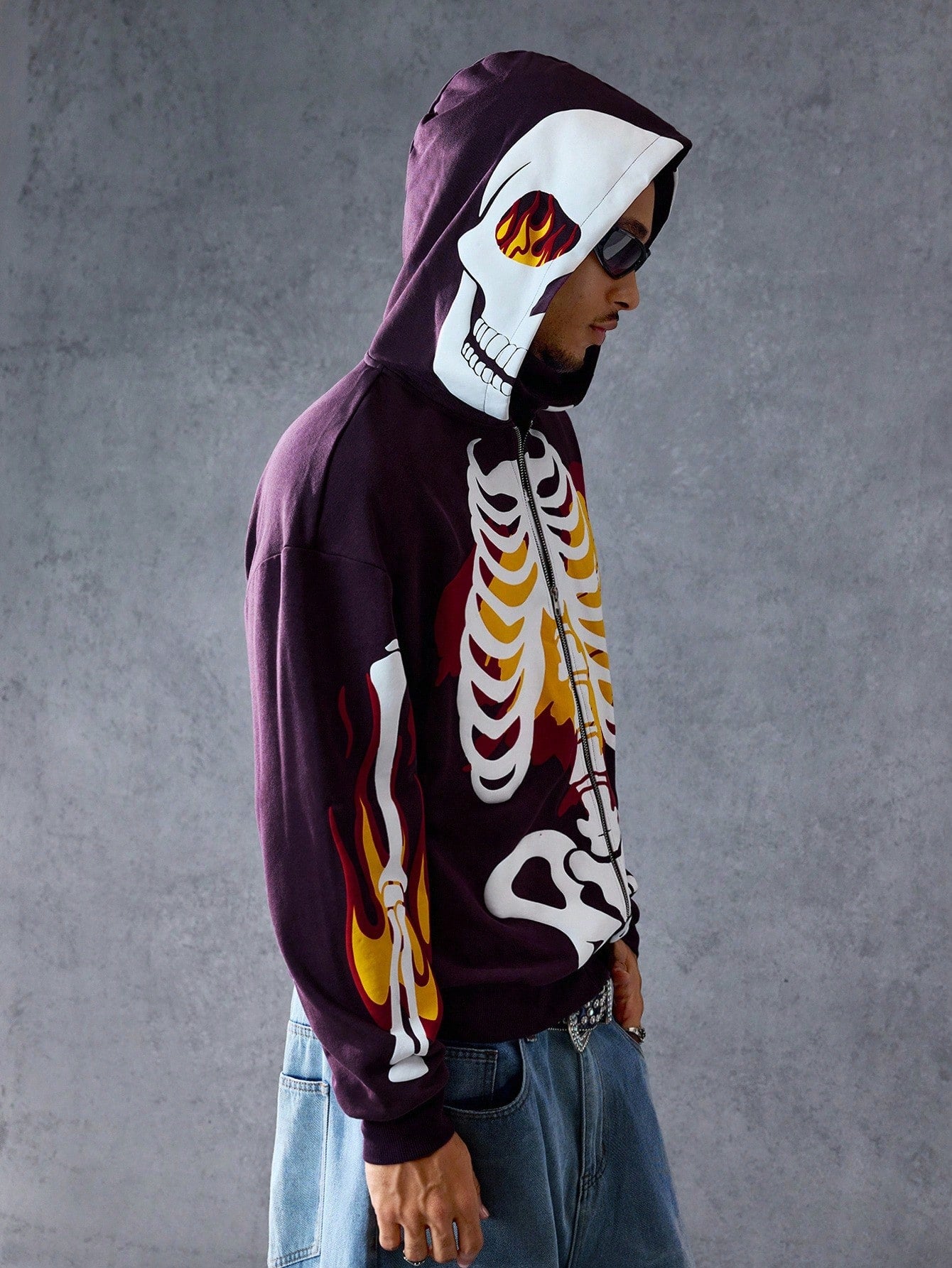 Men Anime Skeleton Print Zip Up Casual Hoodie