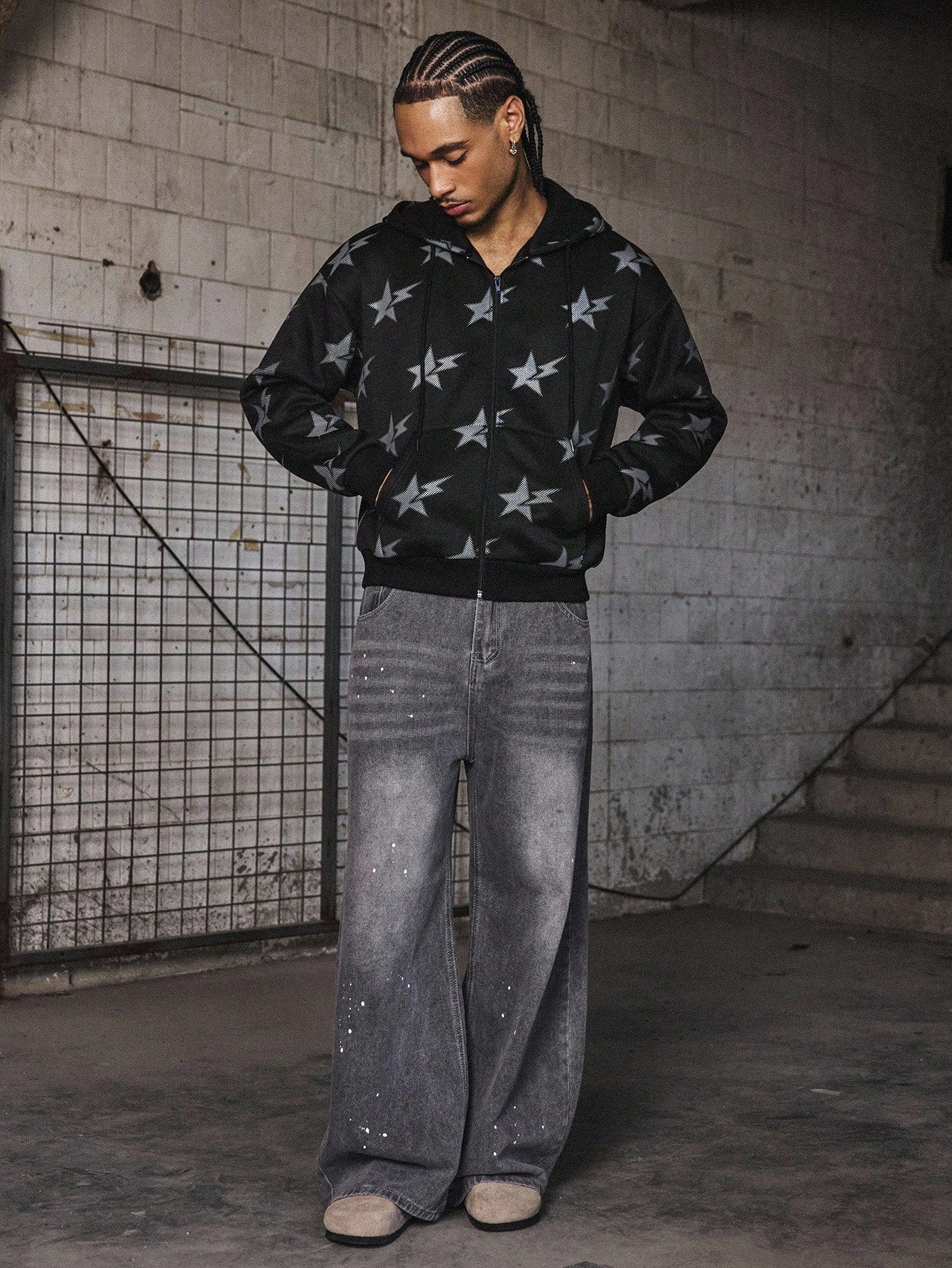 Men's Shiny Star Print Graphic Zip-Up Hoodie