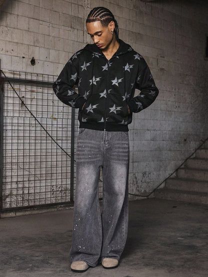 Men's Shiny Star Print Graphic Zip-Up Hoodie