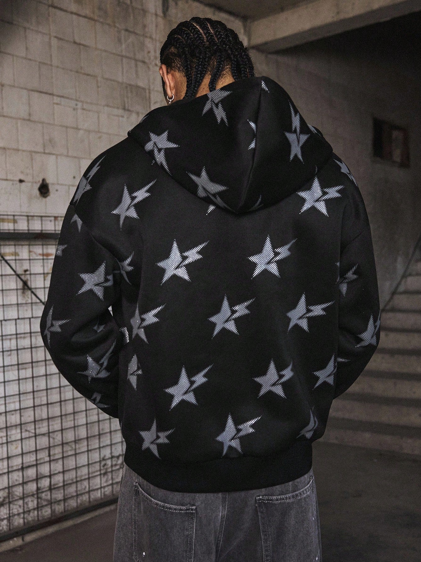 Men's Shiny Star Print Graphic Zip-Up Hoodie