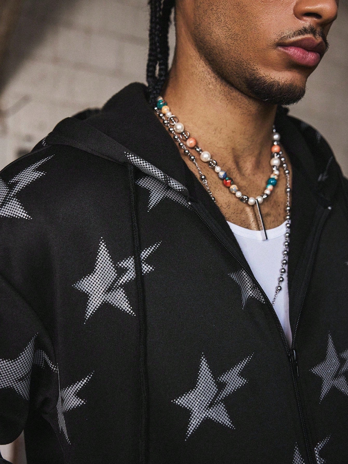 Men's Shiny Star Print Graphic Zip-Up Hoodie