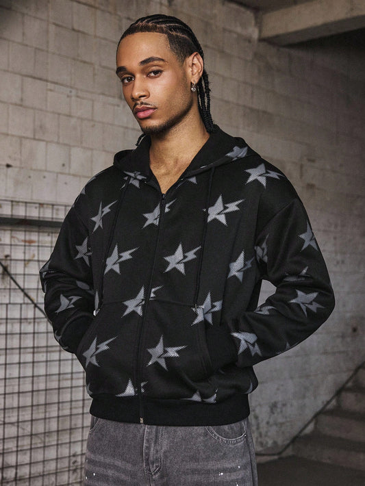 Men's Shiny Star Print Graphic Zip-Up Hoodie