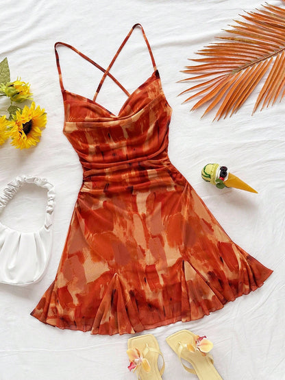 Women's Brown Graphic Spaghetti Strap Mini Dress