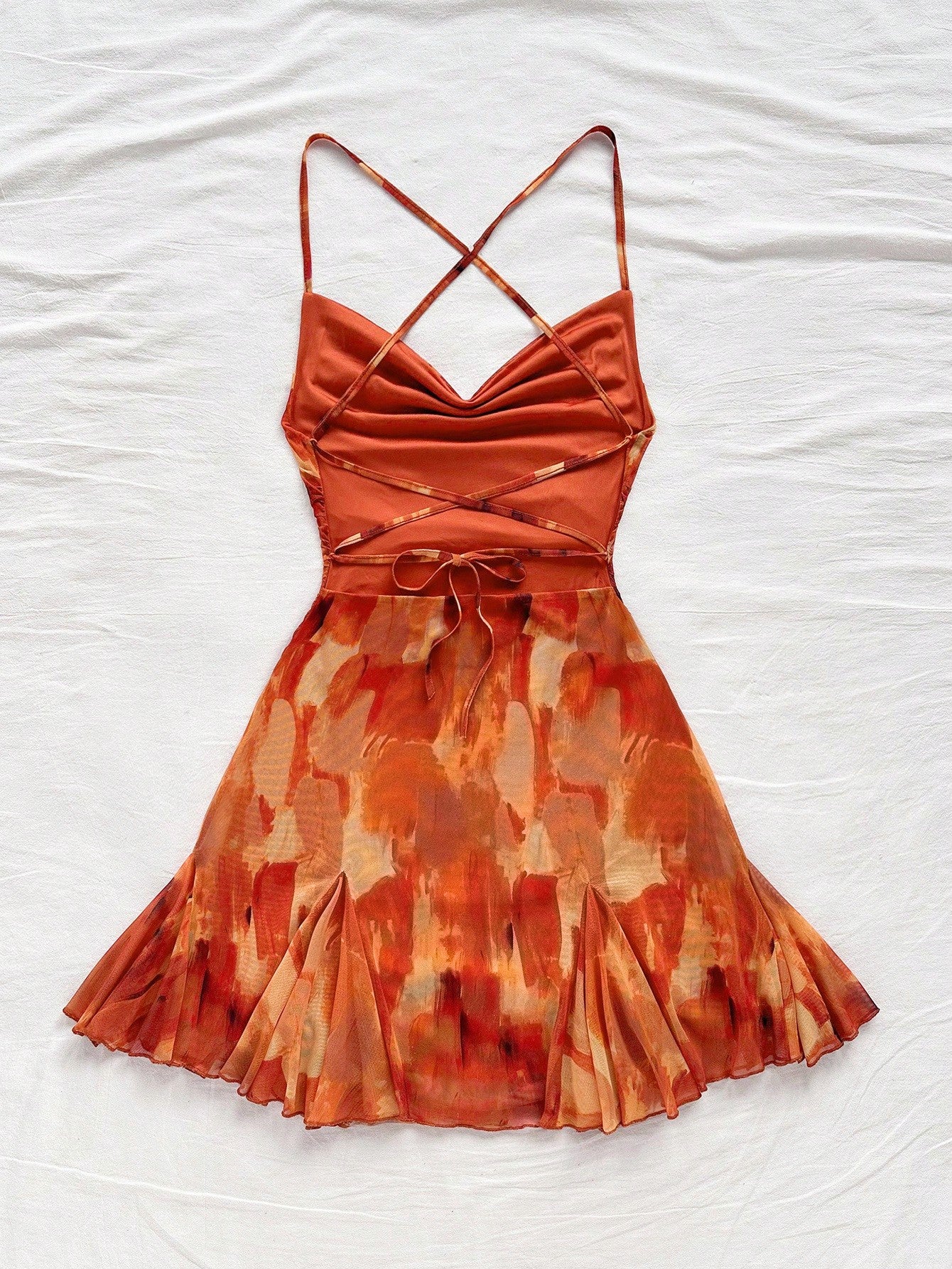 Women's Brown Graphic Spaghetti Strap Mini Dress