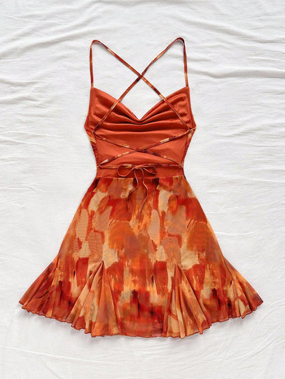 Women's Brown Graphic Spaghetti Strap Mini Dress