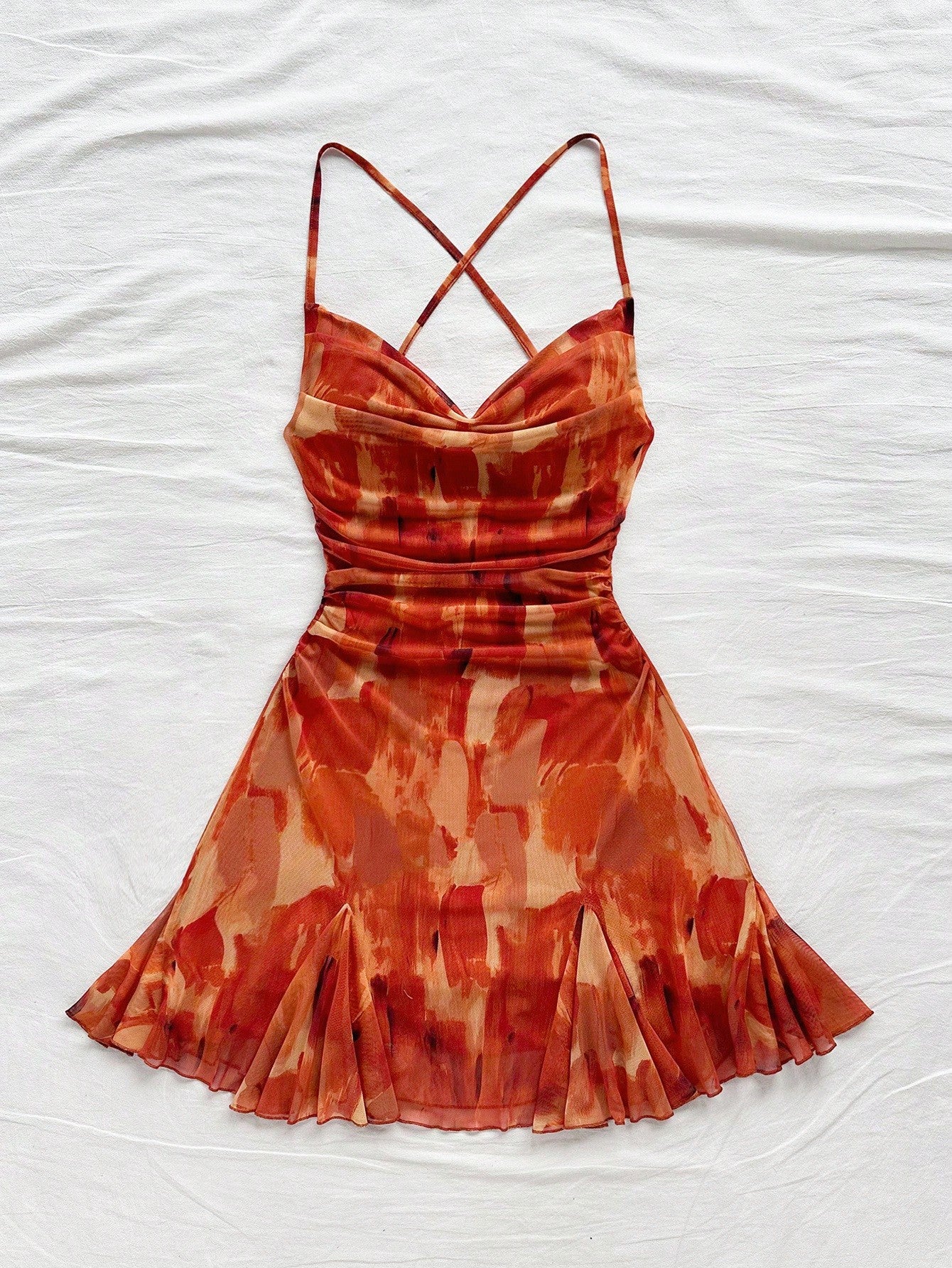 Women's Brown Graphic Spaghetti Strap Mini Dress