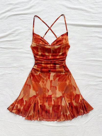 Women's Brown Graphic Spaghetti Strap Mini Dress