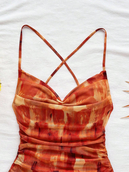 Women's Brown Graphic Spaghetti Strap Mini Dress