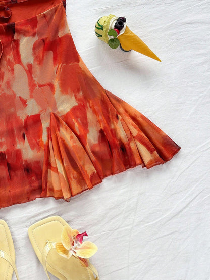 Women's Brown Graphic Spaghetti Strap Mini Dress