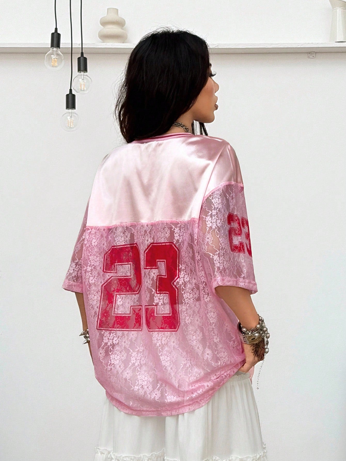 Oversized Pink Letter Print V-Neck Jersey Tee
