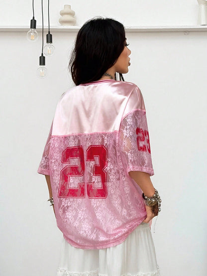 Oversized Pink Letter Print V-Neck Jersey Tee