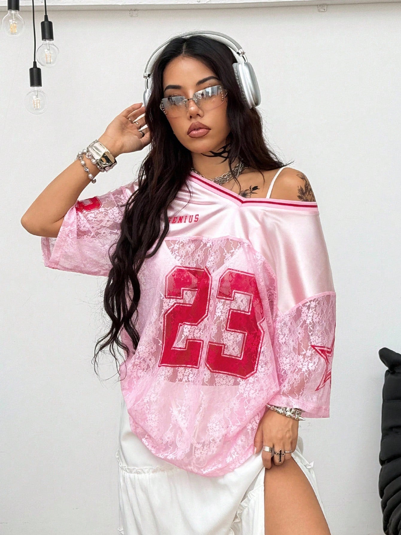 Oversized Pink Letter Print V-Neck Jersey Tee