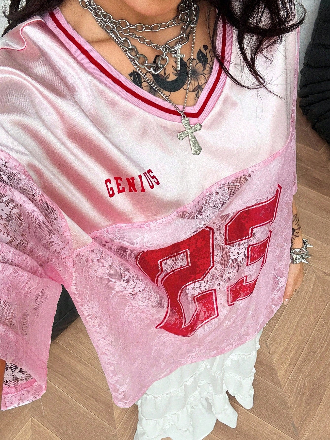 Oversized Pink Letter Print V-Neck Jersey Tee