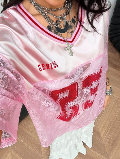 Oversized Pink Letter Print V-Neck Jersey Tee