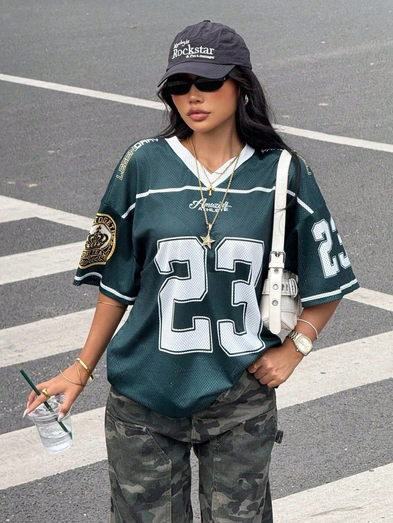 Tween Girls Dark Green Loose Fit Sporty V-Neck Jersey